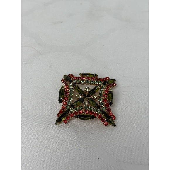 Vintage Geometric Square Green and Pink Rhinestone Brooch - Picture 1 of 4